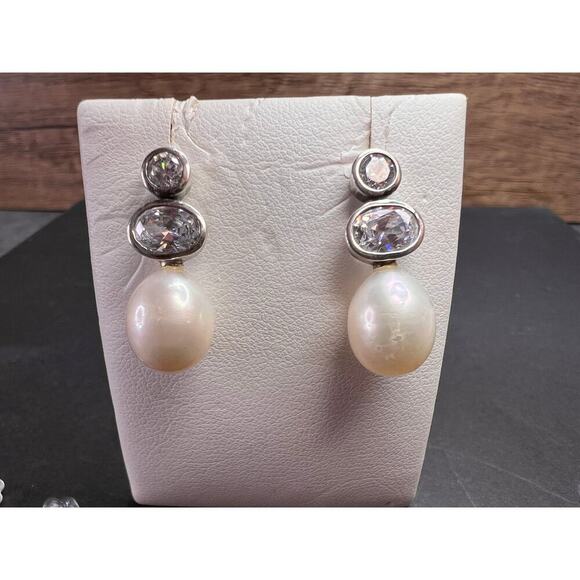 Cultured pearl and CZ sterling silver drop earrings - Picture 3 of 14